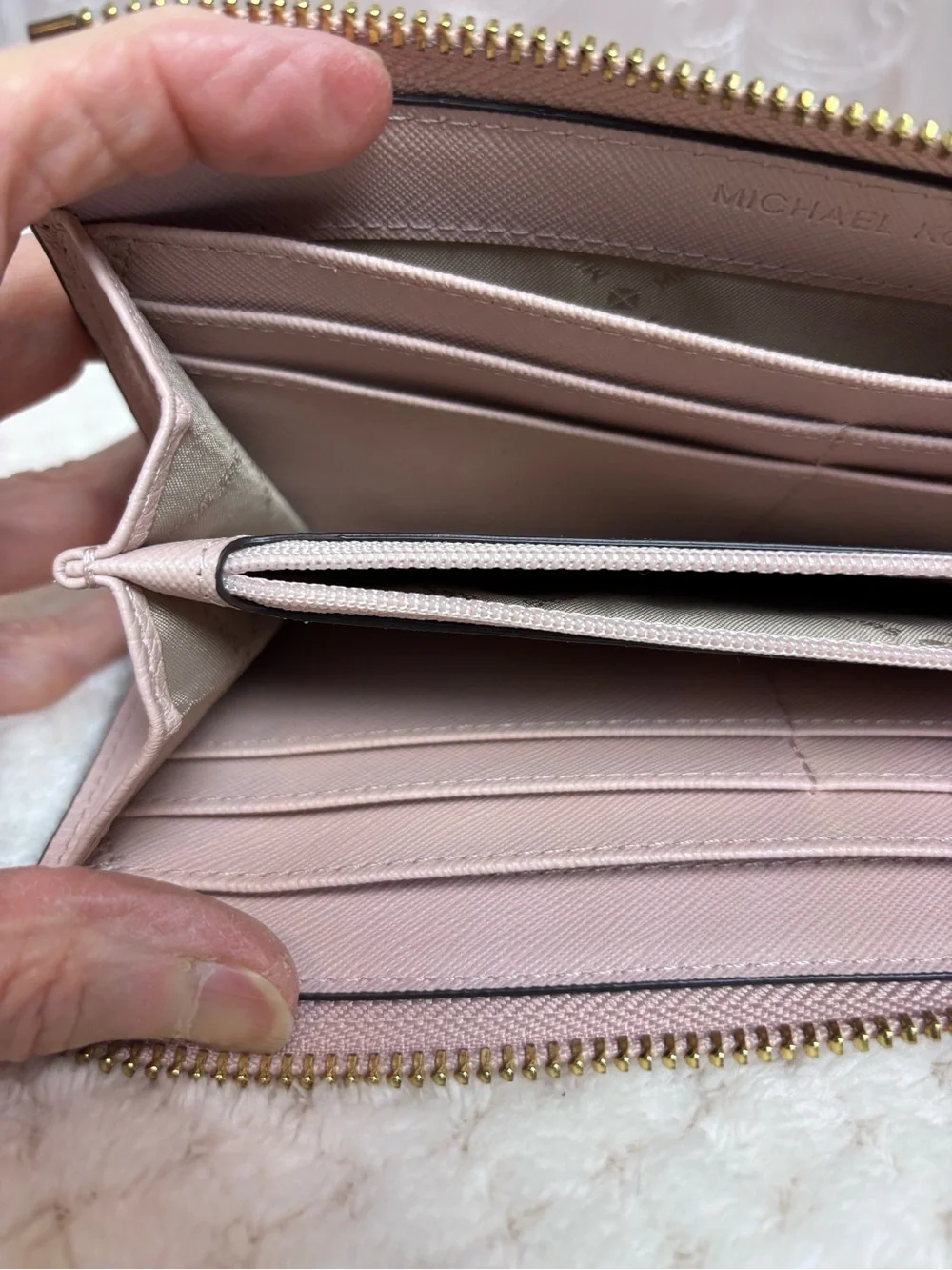 Michael Kors Pale Pink Pebbled Leather Zip-Around Wallet with Gold Logo